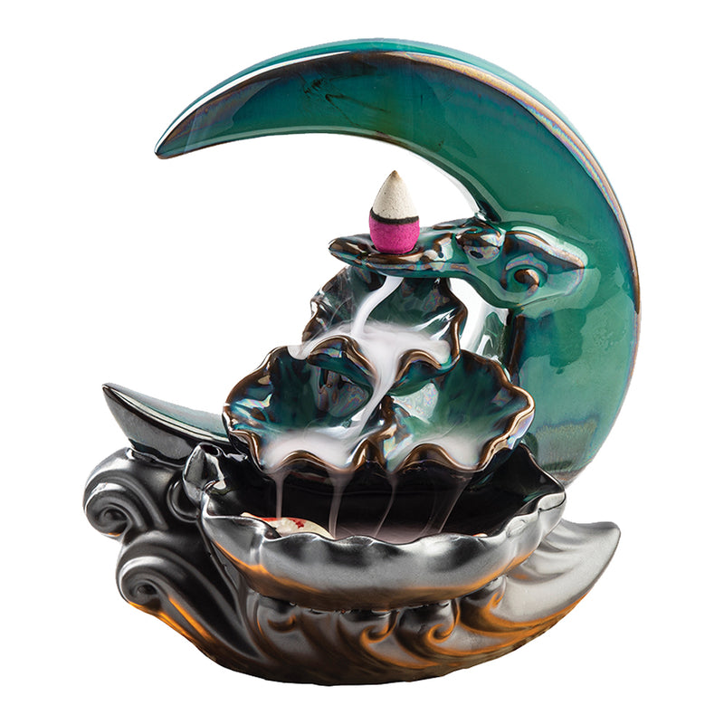 Ceramic Crescent Moon Waterfall Incense Burner